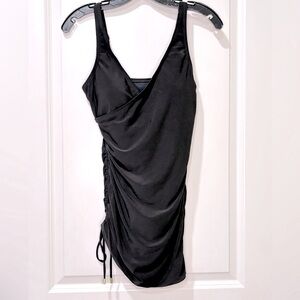 Beyond Control Tummy Slim Solid Essentials Draped V-neck Black Swim Dress Siz…